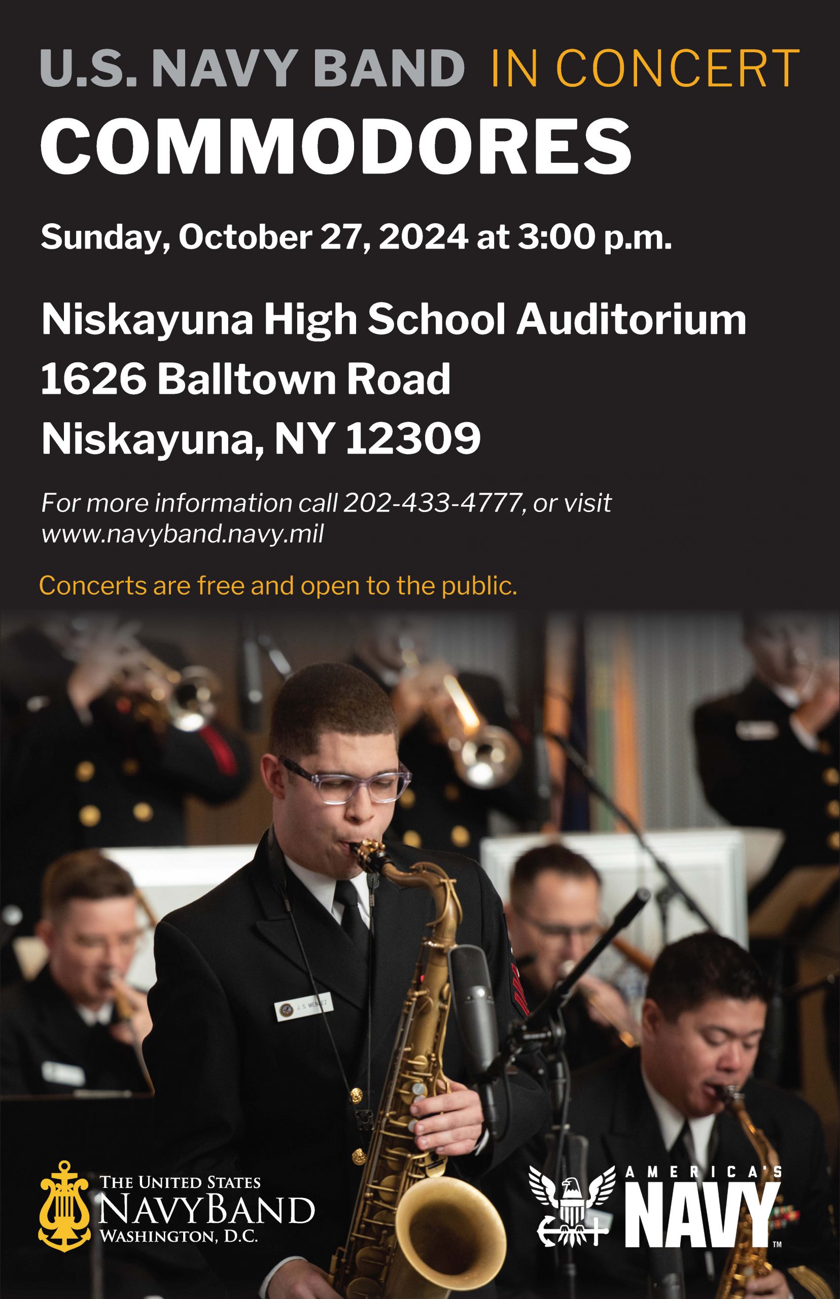 We are thrilled to welcome the Commodores, the jazz band for the US Navy, to Niskayuna. The 2024 National Tour will make a stop at Niskayuna High School on October 27 at 3:00 p.m. The event is free and open to the public, but reservations (tickets) are required for entry.