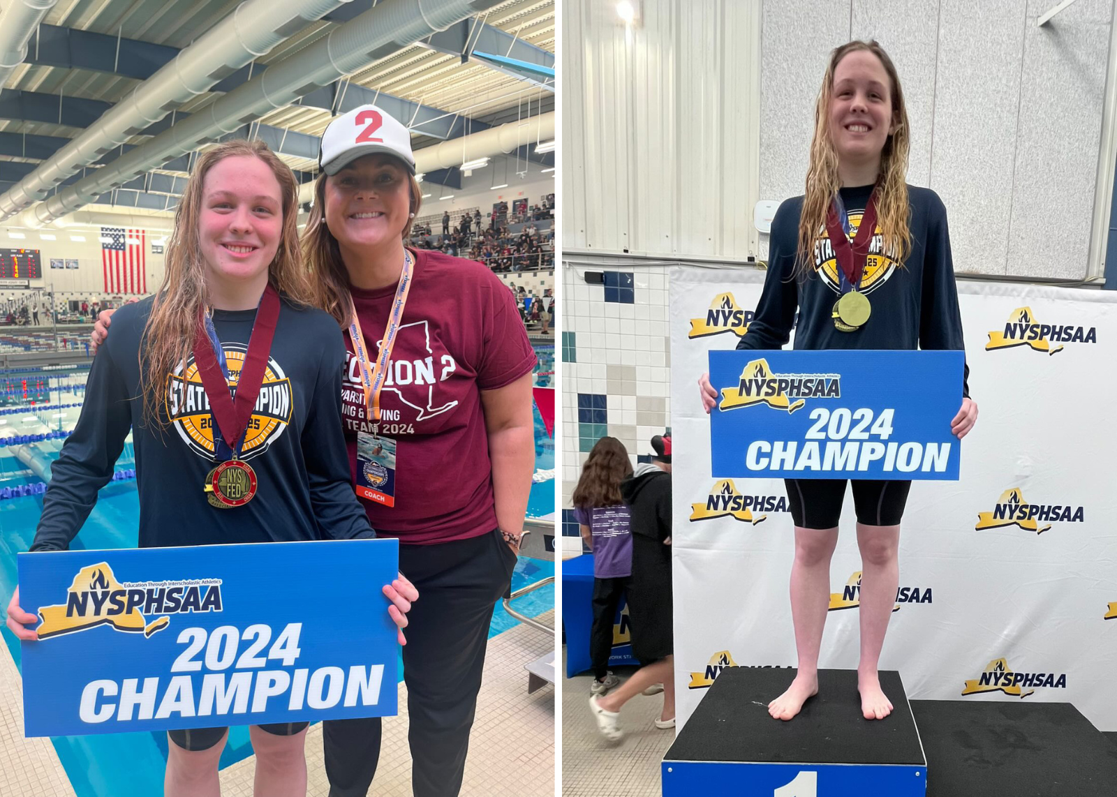 swimmer with coach holding a sign that state 2024 champion