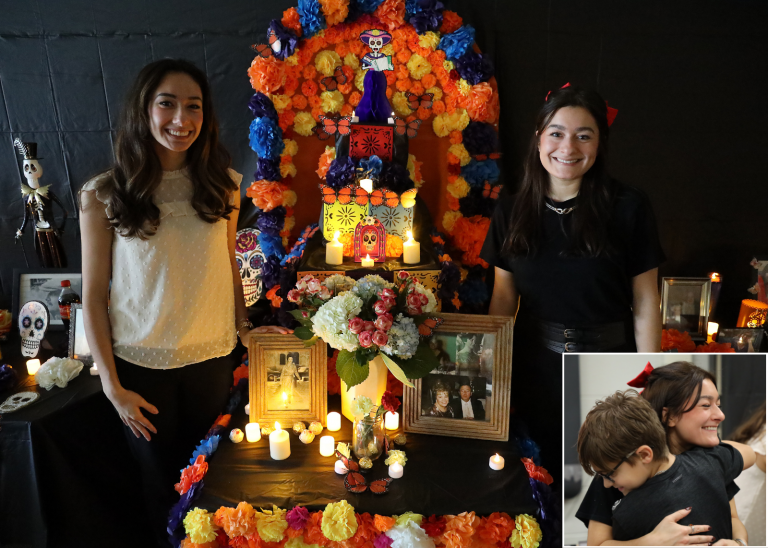 teacher with dias de los muertos alter with inset picture of teacher hugging student