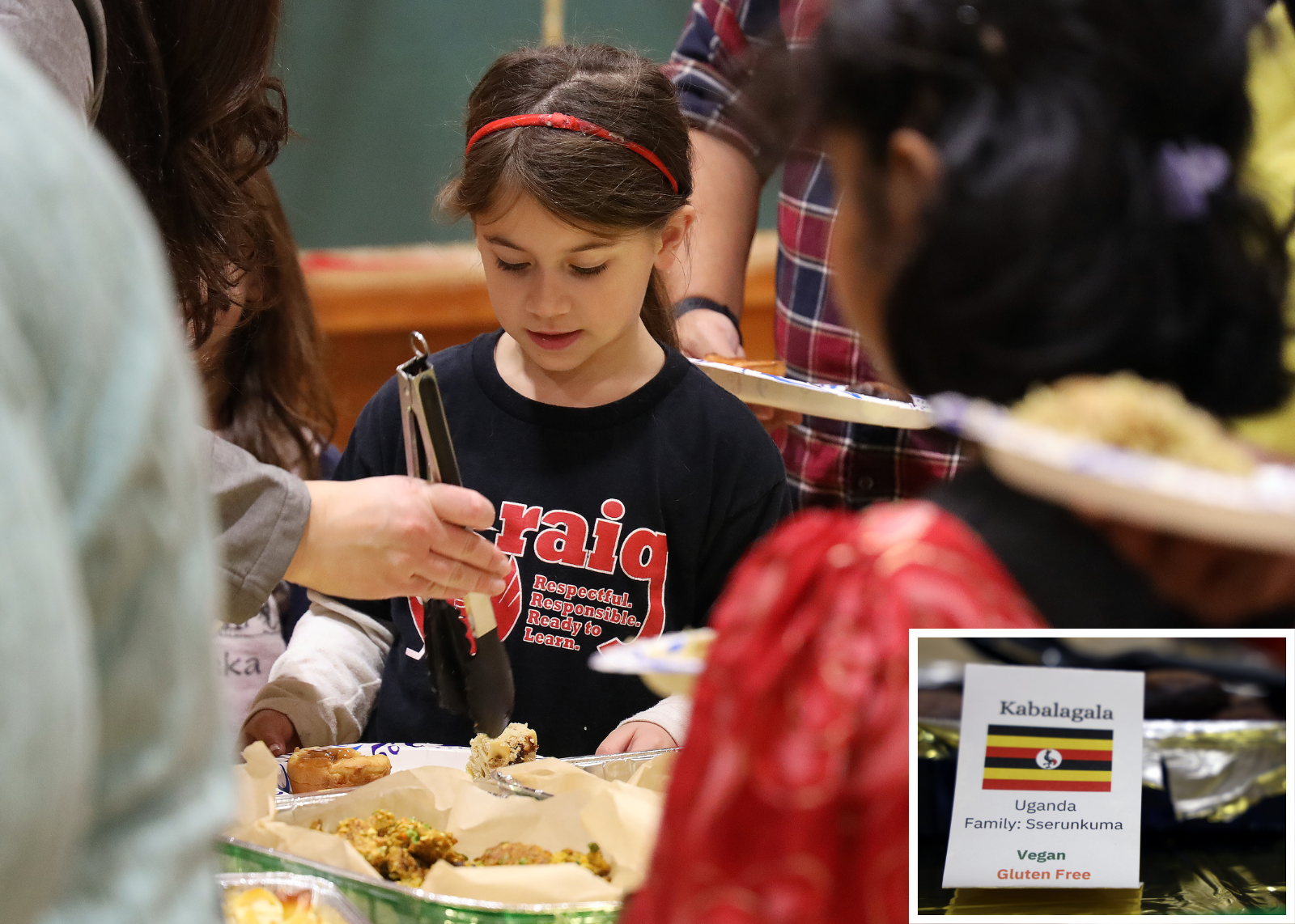 student gets dinner at a multicultural night. inset picture with flag of India