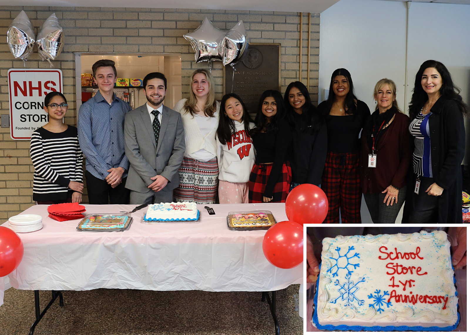 student and class advisors in front of corner store. inset picture is a cake