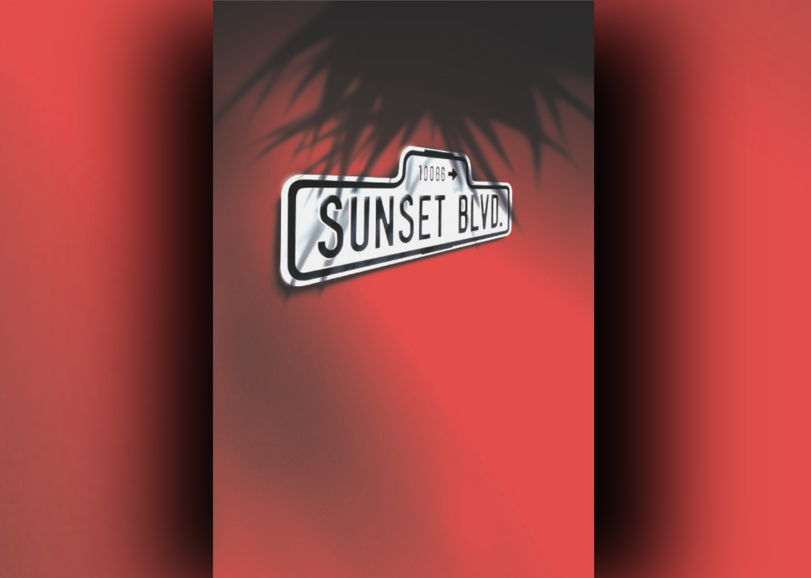 red image with white Sunset Boulevard road sign, palm tree shadow.