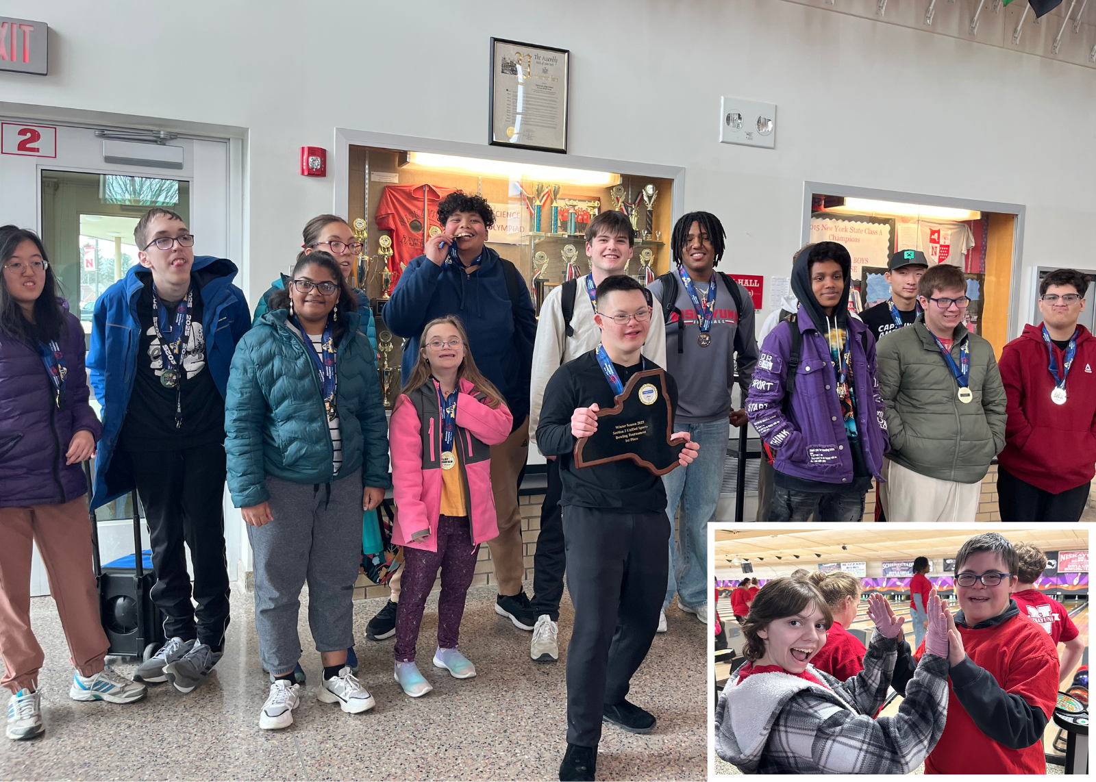 Unified bowling team with trophy